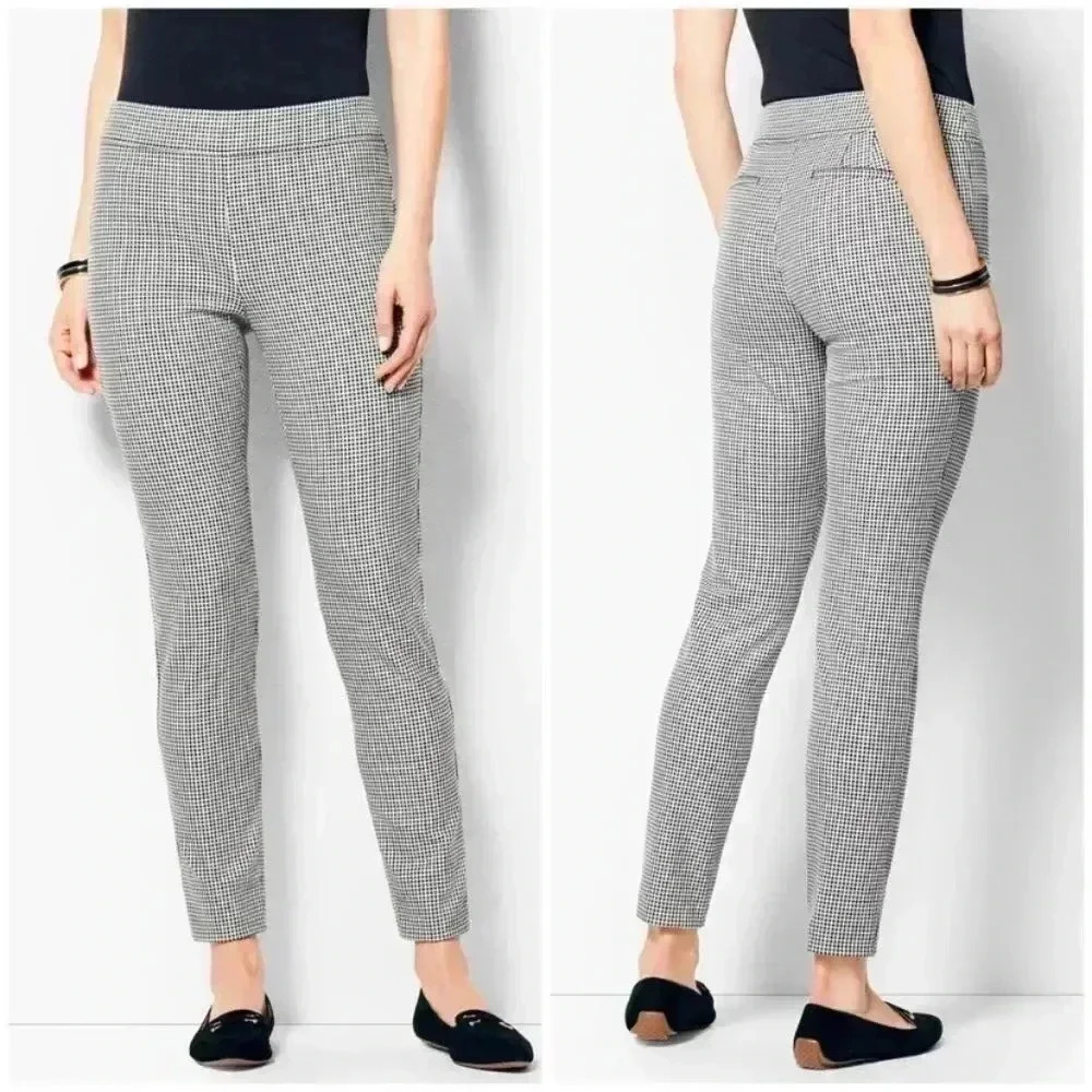 New Talbots Check Plaid Black White Pants Elastic Waist Stretch Cotton Size 16